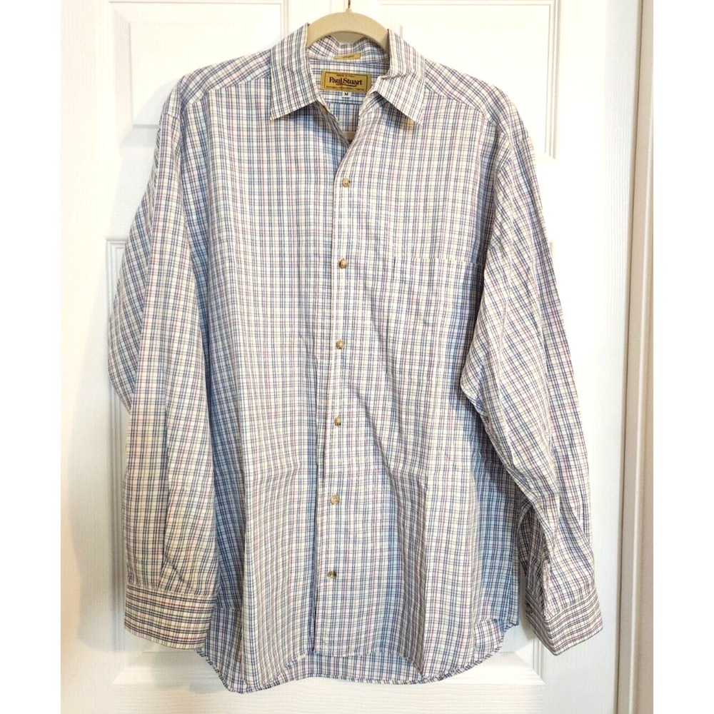 Paul Stuart Men's Dress Shirt Sz Medium Blue Red White Striped Cotton Made Italy
